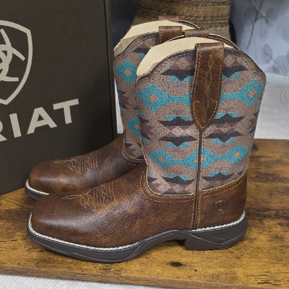 Ariat Anthem Shortie Savanna Western Boot Dry Taupe Turquoise Aztec - Size 7 - Picture 7 of 14